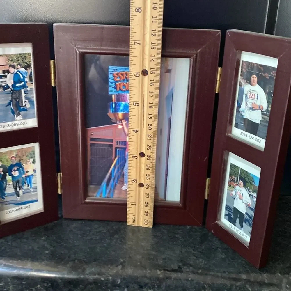 Dark brown wood Tri‎ fold frame for multiple mini photographs